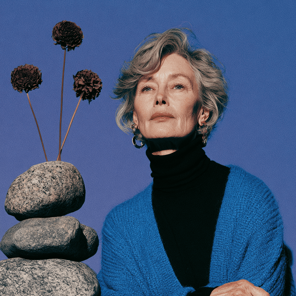 Older woman beside a balanced stack of stones and dried flowers